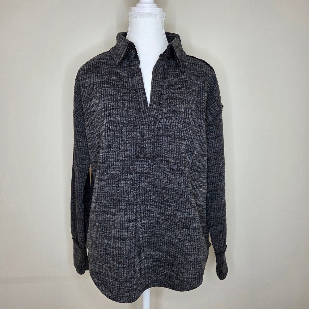 Simply Southern Ribbed Collared Pullover Sweatshirt Dark‎ Grey Heather Small